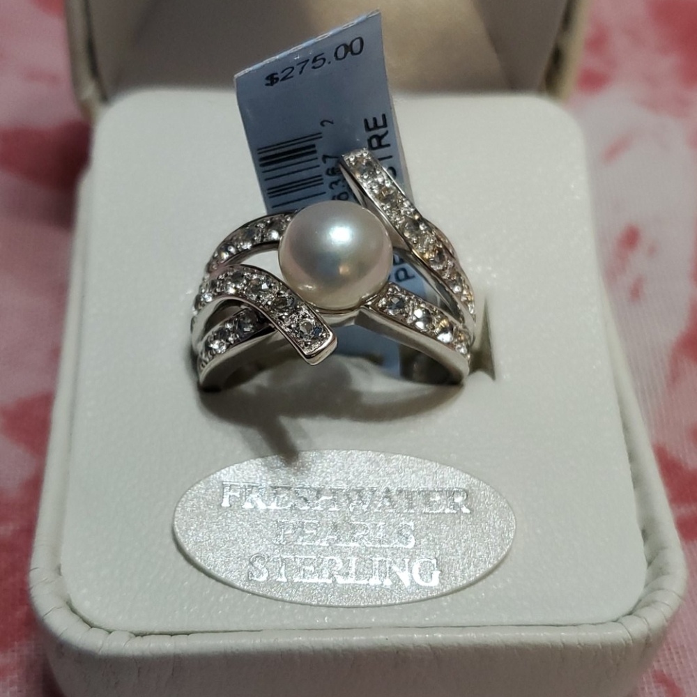 Sterling Silver White Topaz Freshwater Pearl Sz 8
